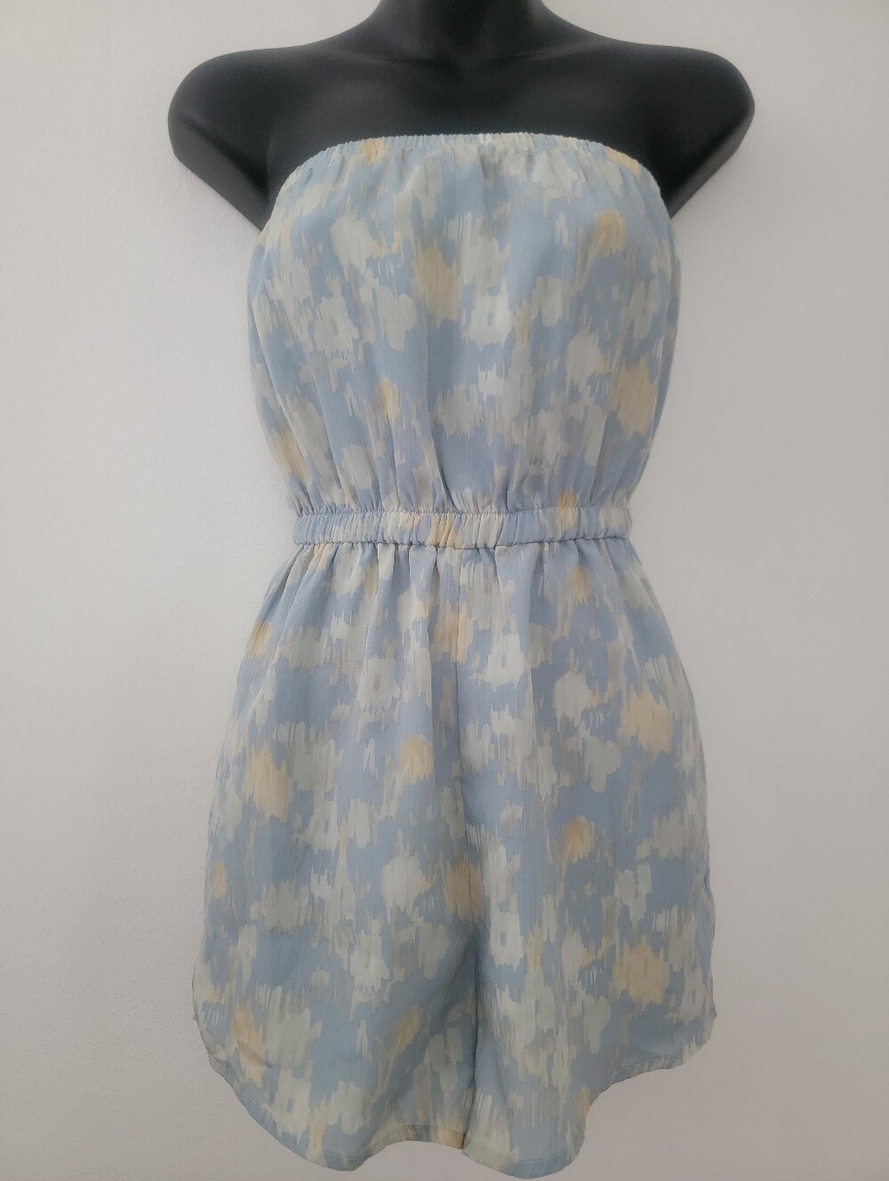 Strapless Blue Floral Smocked Waist Dress